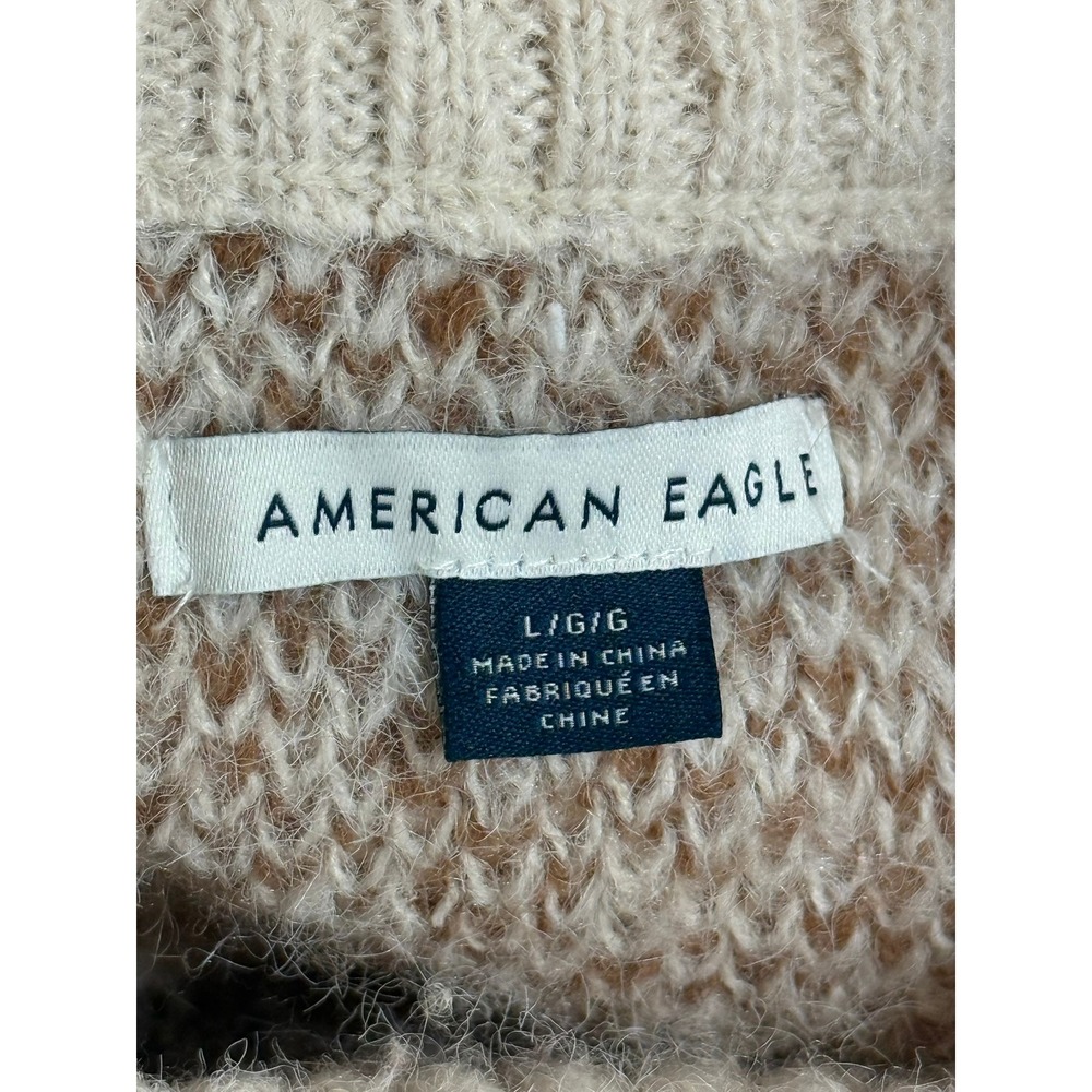 American Eagle Fair Isle Sweater Women L Oversized Tan Cozy Cottagecore Nordic - Picture 3 of 9